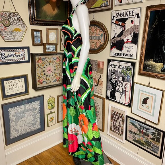 70s Vintage Jantzen Green & Black Floral Halter Backless Maxi Dress Size 12 - Picture 2 of 8